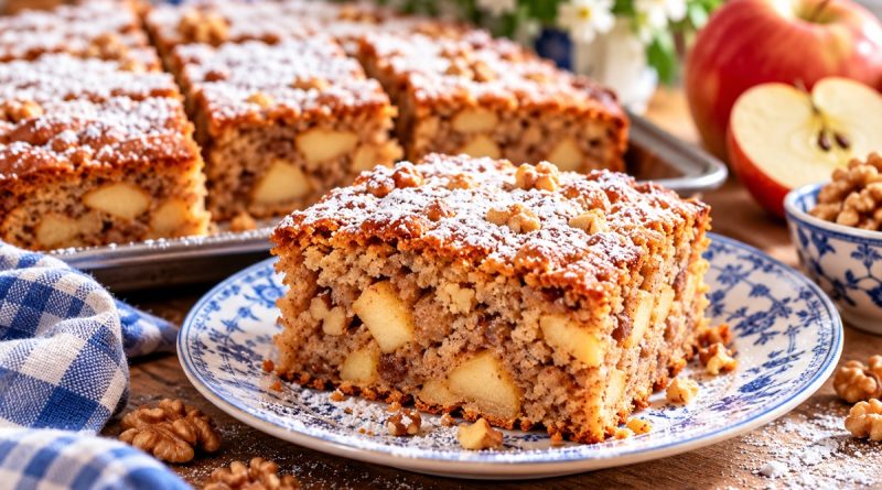 Ein Stück Apfel-Walnuss-Kuchen mit großen Apfelstücken und gehackten Walnüssen auf einem blau-weißen Teller, dahinter der restliche Blechkuchen.