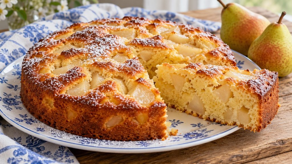 Saftiger Birnen-Vanille-Kuchen mit sichtbaren Birnenstücken und Puderzucker, angeschnitten auf einem blau-weißen Teller.