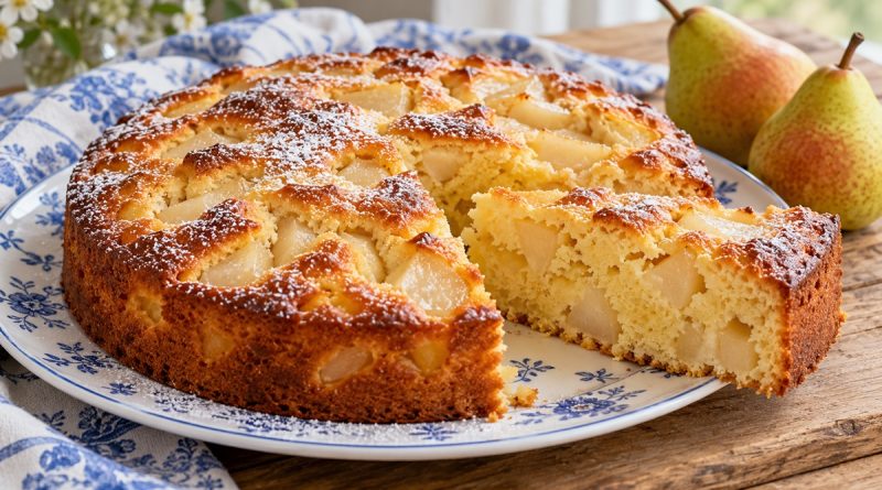 Saftiger Birnen-Vanille-Kuchen mit sichtbaren Birnenstücken und Puderzucker, angeschnitten auf einem blau-weißen Teller.
