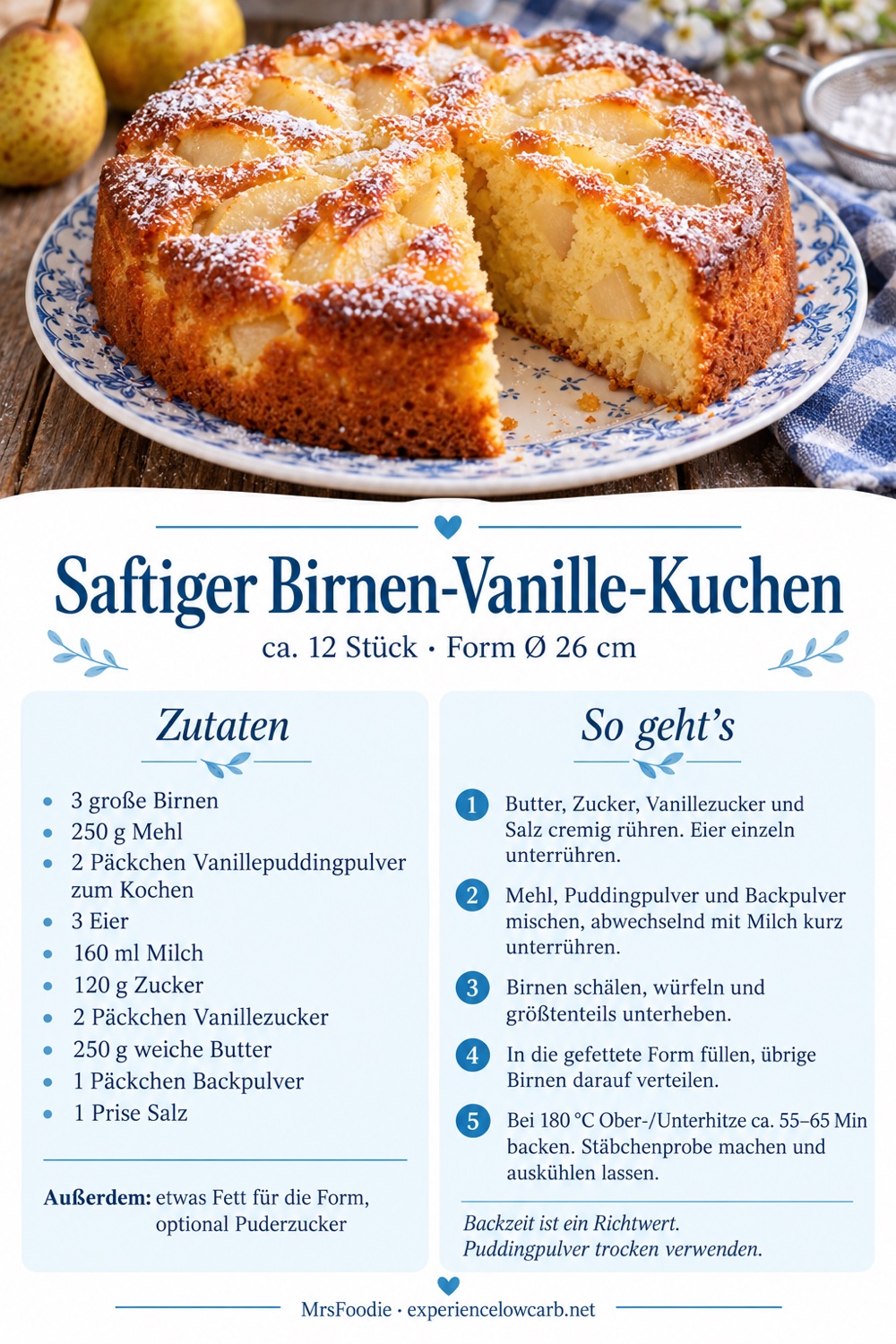 Pinterest-Rezeptkarte für Birnen-Vanille-Kuchen mit drei Birnen, Zutaten und Zubereitung für eine 26-cm-Springform.