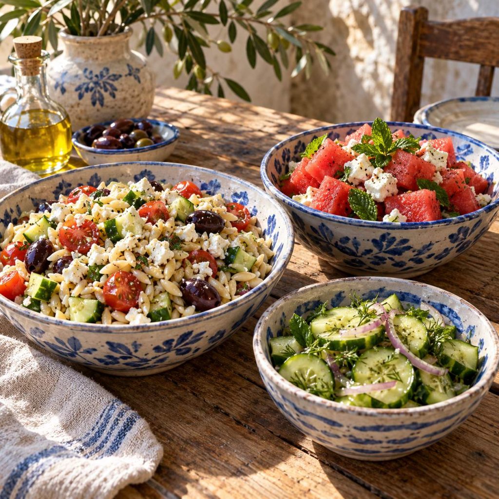 Orzo-Salat, Wassermelonen-Feta-Salat und Gurkensalat in blau-weißen Keramikschüsseln