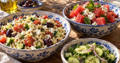 Orzo-Salat, Wassermelonen-Feta-Salat und Gurkensalat in blau-weißen Keramikschüsseln