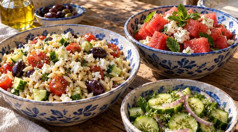Orzo-Salat, Wassermelonen-Feta-Salat und Gurkensalat in blau-weißen Keramikschüsseln
