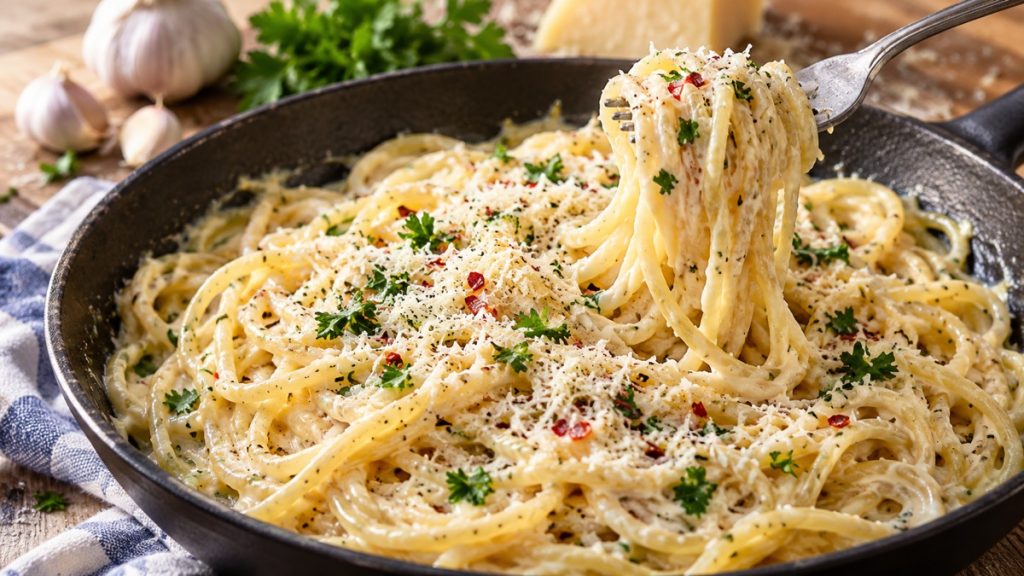 Parmesan-Spaghetti mit Knoblauchcreme, Petersilie und feinen Chiliflocken in einer Pfanne, auf einer Gabel aufgedreht.