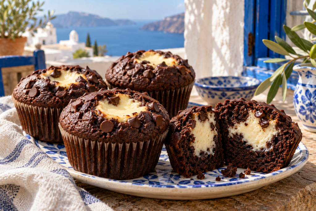 Dunkle Schoko-Muffins mit einer hellen Frischkäsefüllung und Schokotropfen. Ein aufgeschnittener Muffin zeigt die cremige Mitte.