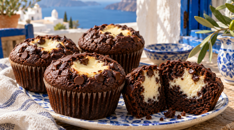 Dunkle Schoko-Muffins mit einer hellen Frischkäsefüllung und Schokotropfen. Ein aufgeschnittener Muffin zeigt die cremige Mitte.