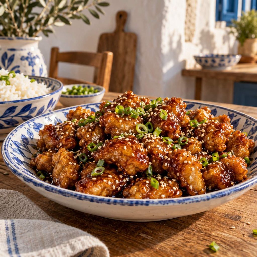 Sesame Chicken mit Honig und Sesam – angerichtetes Gericht