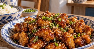 Sesame Chicken mit Honig und Sesam – angerichtetes Gericht