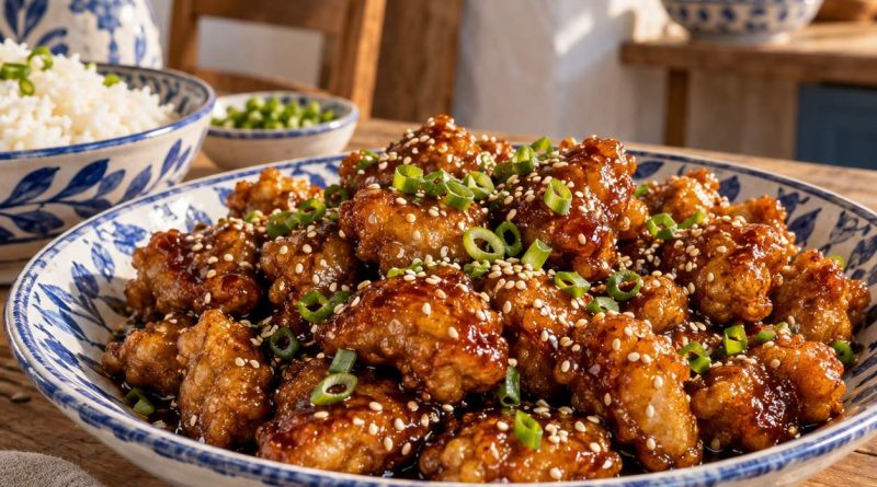 Sesame Chicken mit Honig und Sesam – angerichtetes Gericht