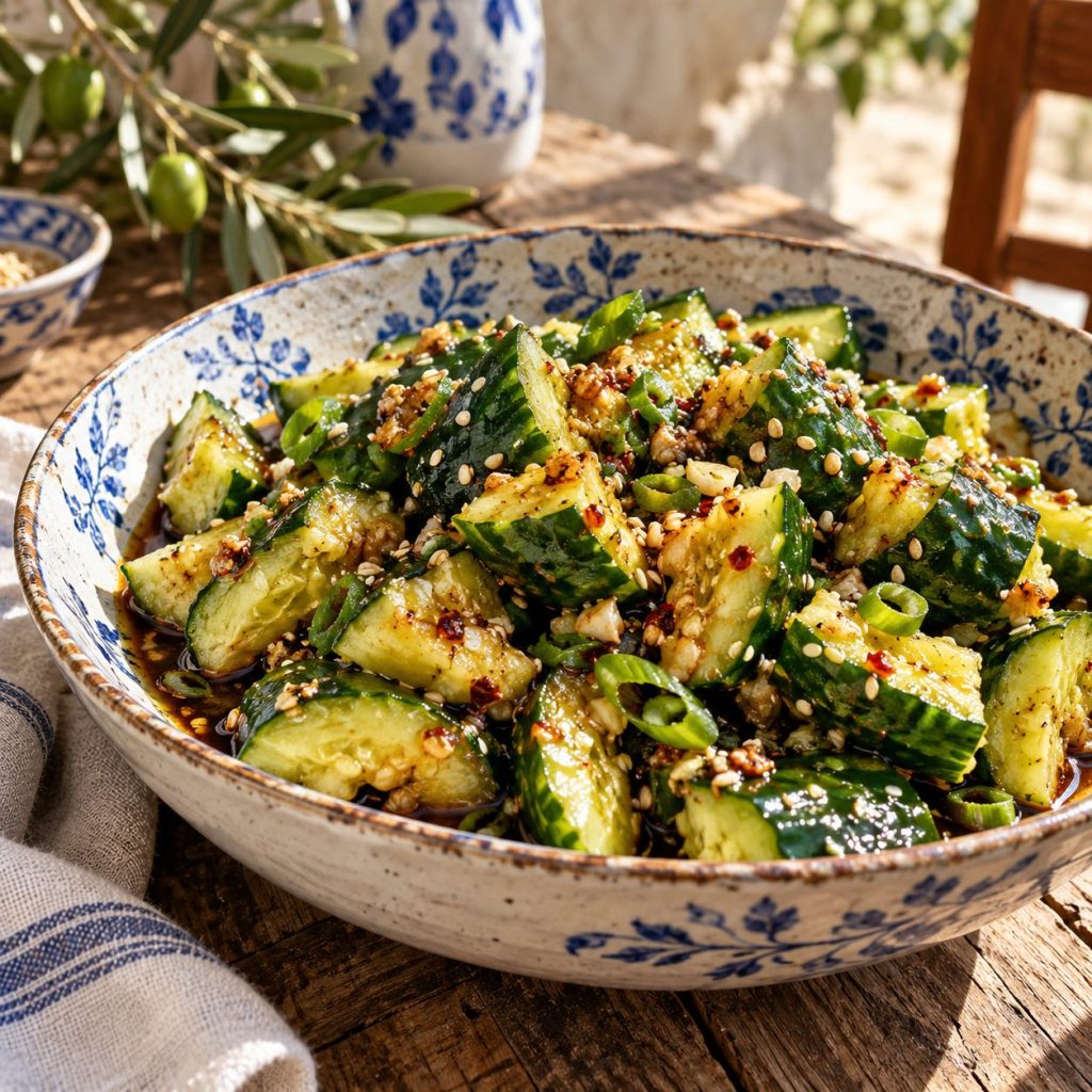 Smashed Cucumber Salad in einer rustikalen griechischen Küche