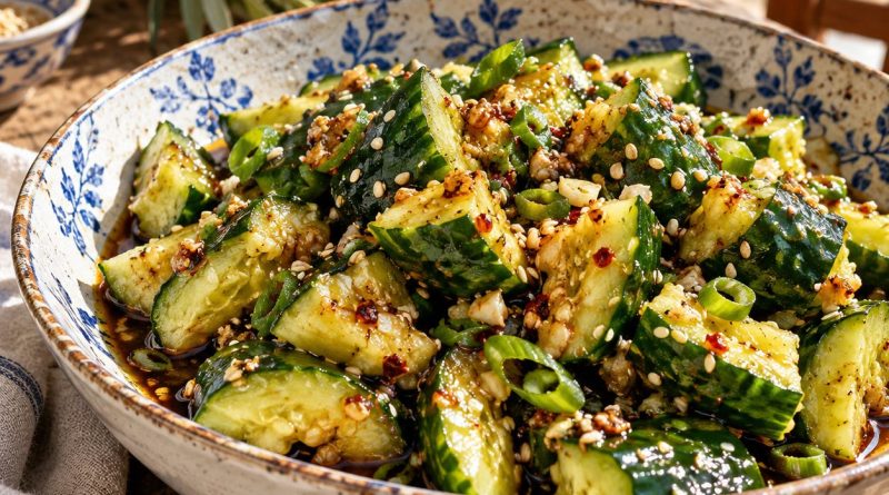 Smashed Cucumber Salad in einer rustikalen griechischen Küche