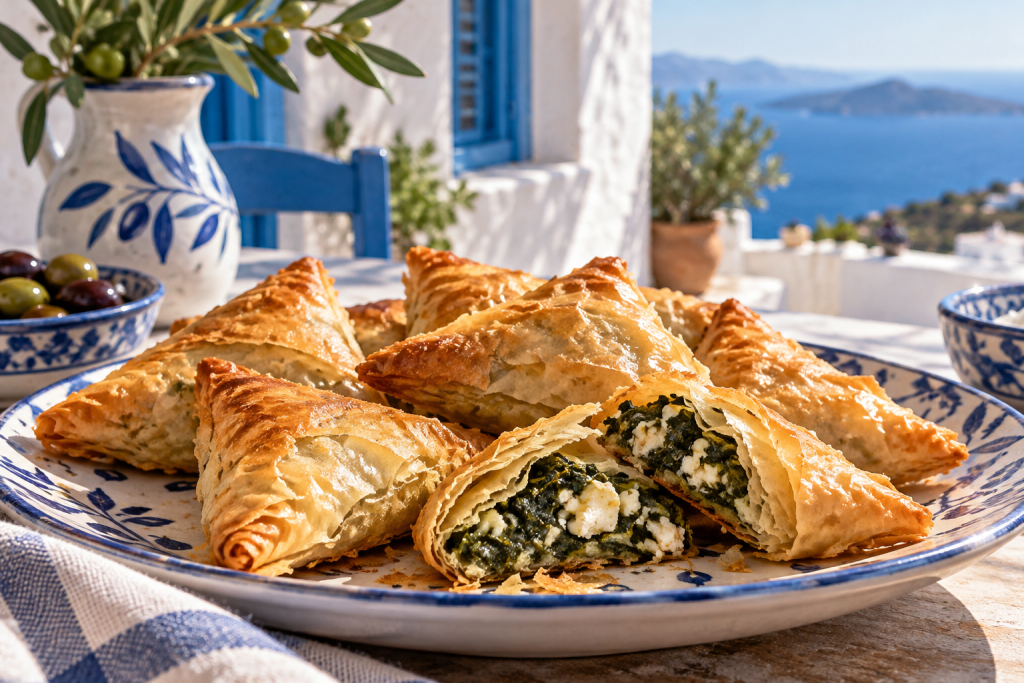 Spanakopitakia – Kleine Spinat-Feta-Taschen in einer warmen griechischen Küchenatmosphäre