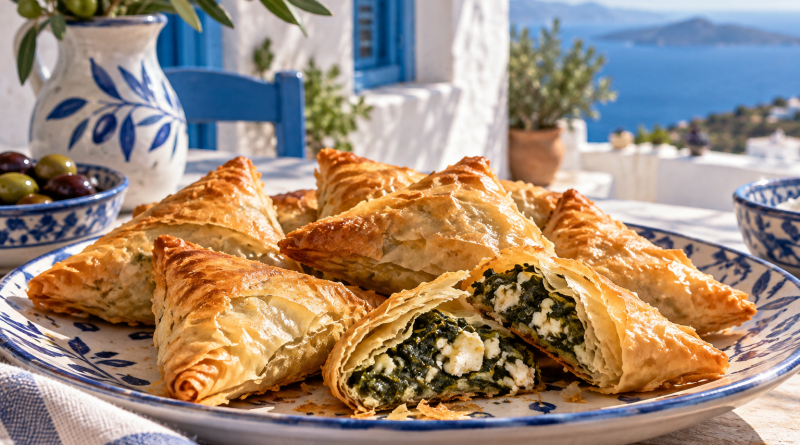 Spanakopitakia – Kleine Spinat-Feta-Taschen in einer warmen griechischen Küchenatmosphäre
