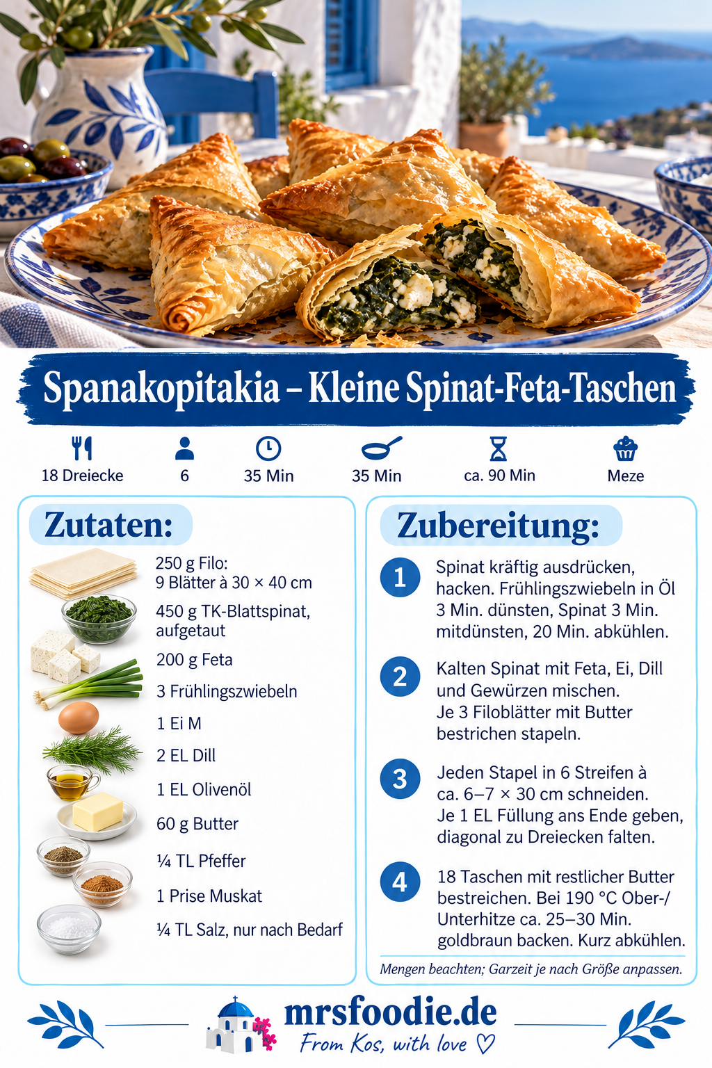 Spanakopitakia – Kleine Spinat-Feta-Taschen – Pinterest-Rezeptkarte mit Zutaten und Kurzanleitung