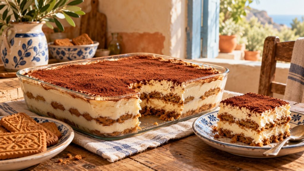 Spekulatius-Tiramisu mit Mascarponecreme, Keksschichten und Kakao in einer Glasform.