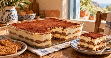 Spekulatius-Tiramisu mit Mascarponecreme, Keksschichten und Kakao in einer Glasform.