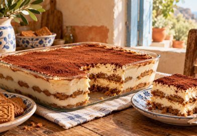 Spekulatius-Tiramisu mit Mascarponecreme, Keksschichten und Kakao in einer Glasform.