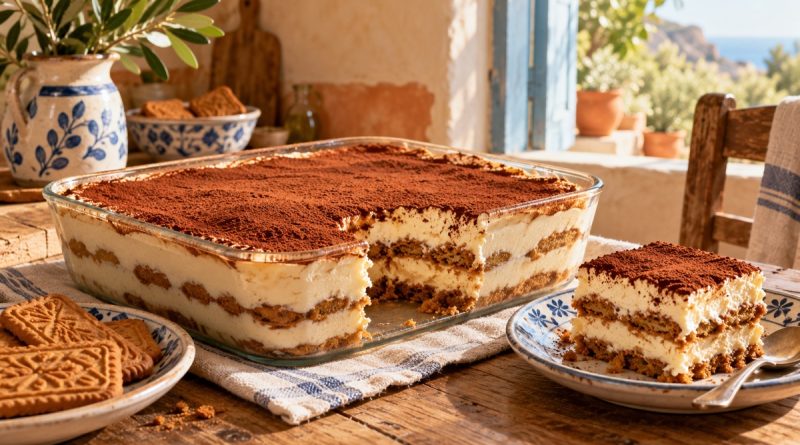 Spekulatius-Tiramisu mit Mascarponecreme, Keksschichten und Kakao in einer Glasform.