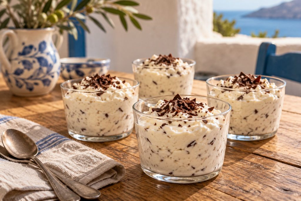 Vier Gläser Stracciatella-Creme mit feinen Schokostückchen auf einem Holztisch in griechischer Küchenatmosphäre