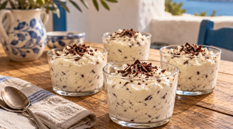 Vier Gläser Stracciatella-Creme mit feinen Schokostückchen auf einem Holztisch in griechischer Küchenatmosphäre