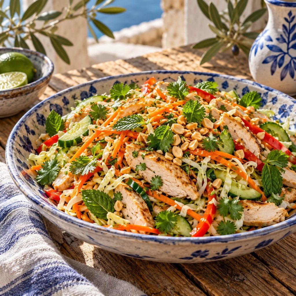 Thai Chicken Salad in einer rustikalen griechischen Küche
