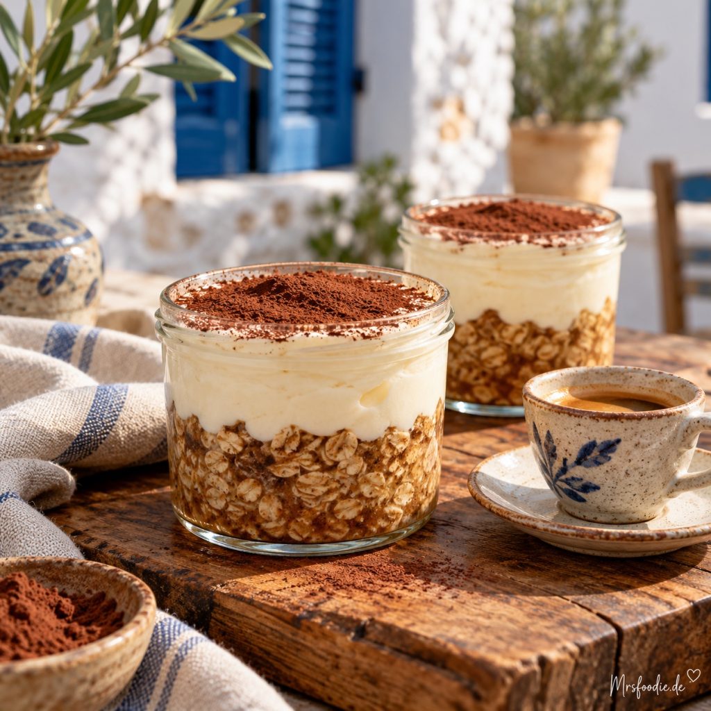 Tiramisu Overnight Oats in warmer griechischer Küchenatmosphäre