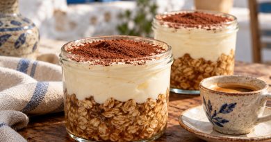 Tiramisu Overnight Oats in warmer griechischer Küchenatmosphäre