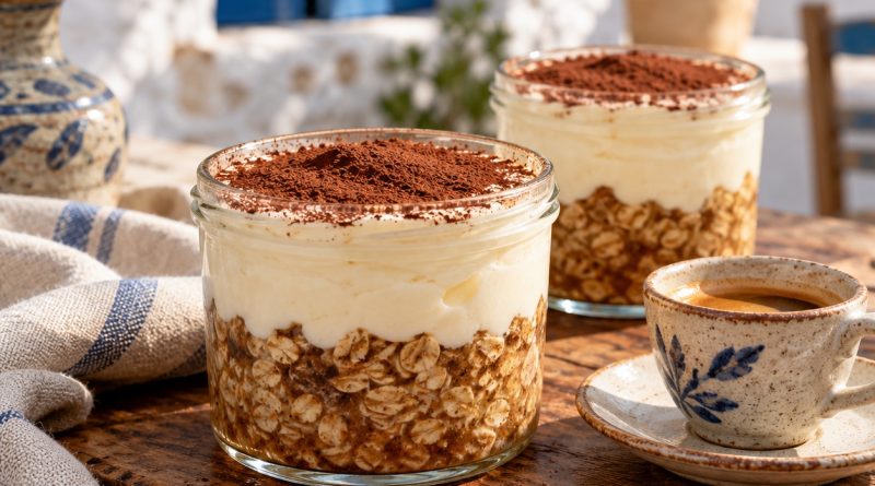 Tiramisu Overnight Oats in warmer griechischer Küchenatmosphäre