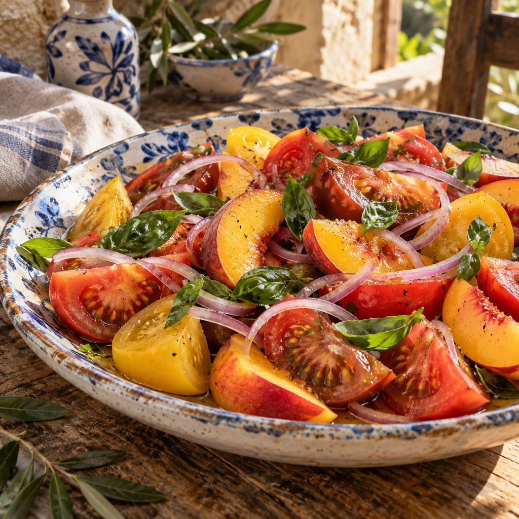 Tomaten-Pfirsich-Salat in einer rustikalen griechischen Küche