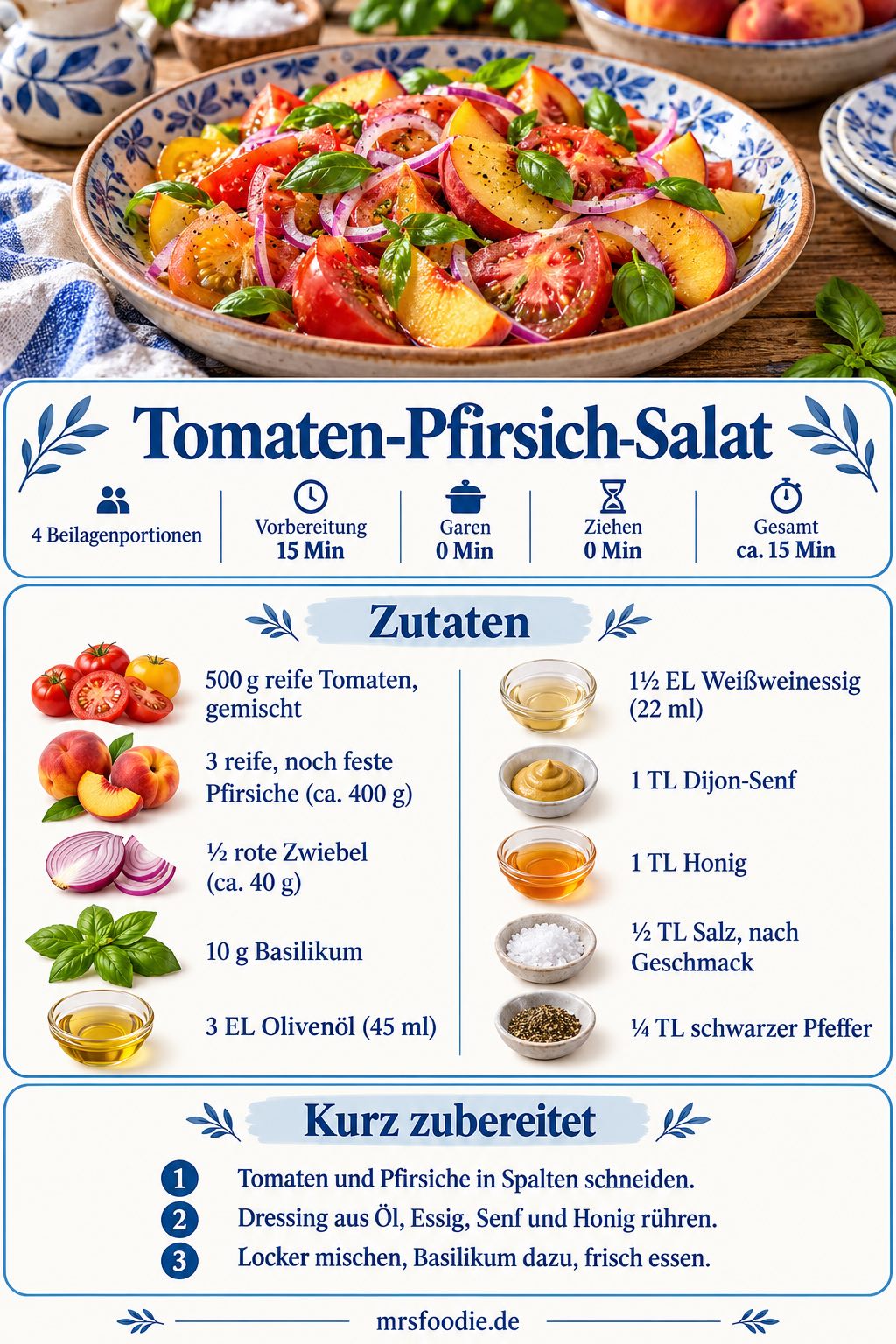 Tomaten-Pfirsich-Salat – Pinterest-Rezeptkarte mit Zutaten und Kurzanleitung