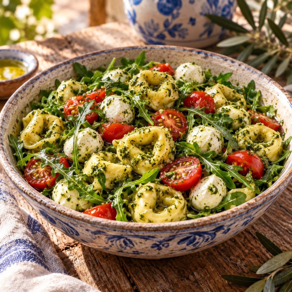 Tortellini-Pesto-Salat in einer rustikalen griechischen Küche