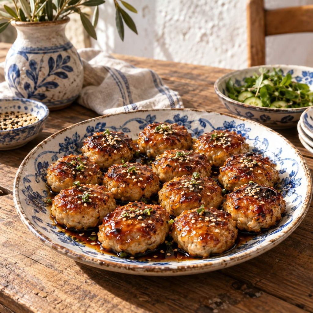 Tsukune – japanische Hähnchenbällchen – angerichtetes Gericht