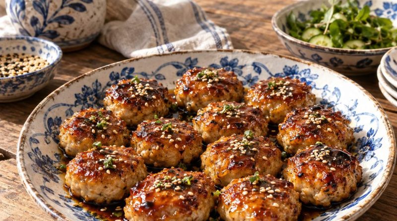 Tsukune – japanische Hähnchenbällchen – angerichtetes Gericht