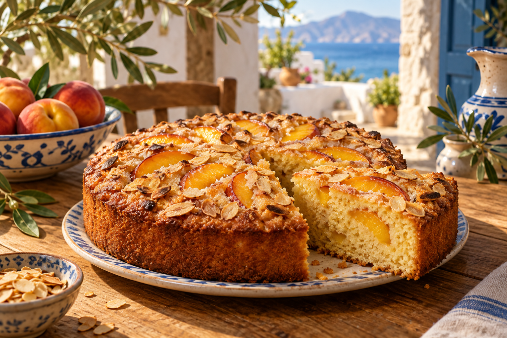 Versunkener Pfirsich-Mandel-Kuchen in einer warmen griechischen Küchenatmosphäre
