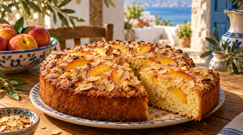 Versunkener Pfirsich-Mandel-Kuchen in einer warmen griechischen Küchenatmosphäre
