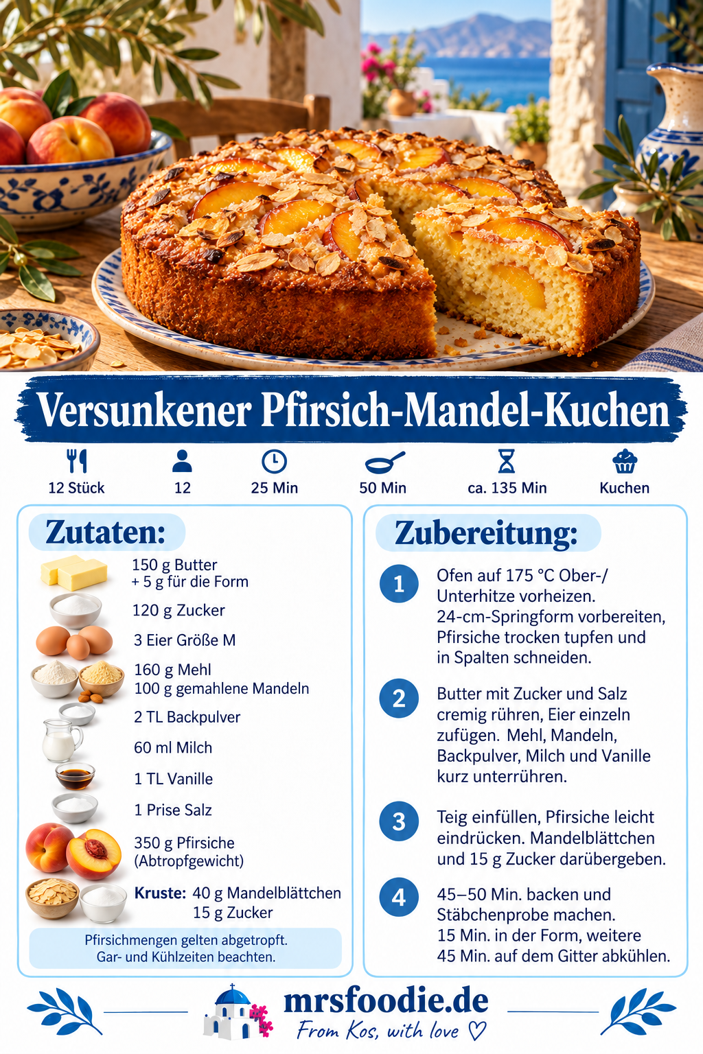Versunkener Pfirsich-Mandel-Kuchen – Pinterest-Rezeptkarte mit Zutaten und Kurzanleitung