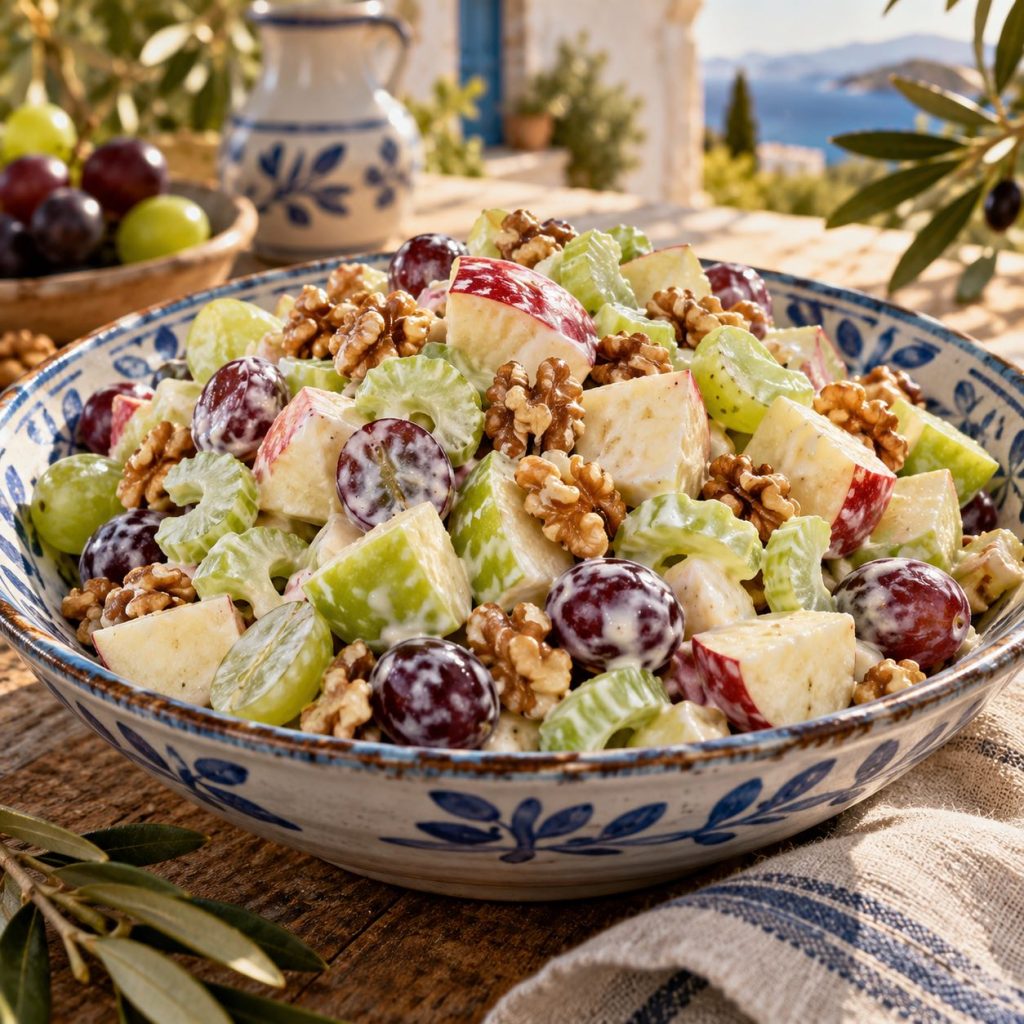 Waldorfsalat in einer rustikalen griechischen Küche