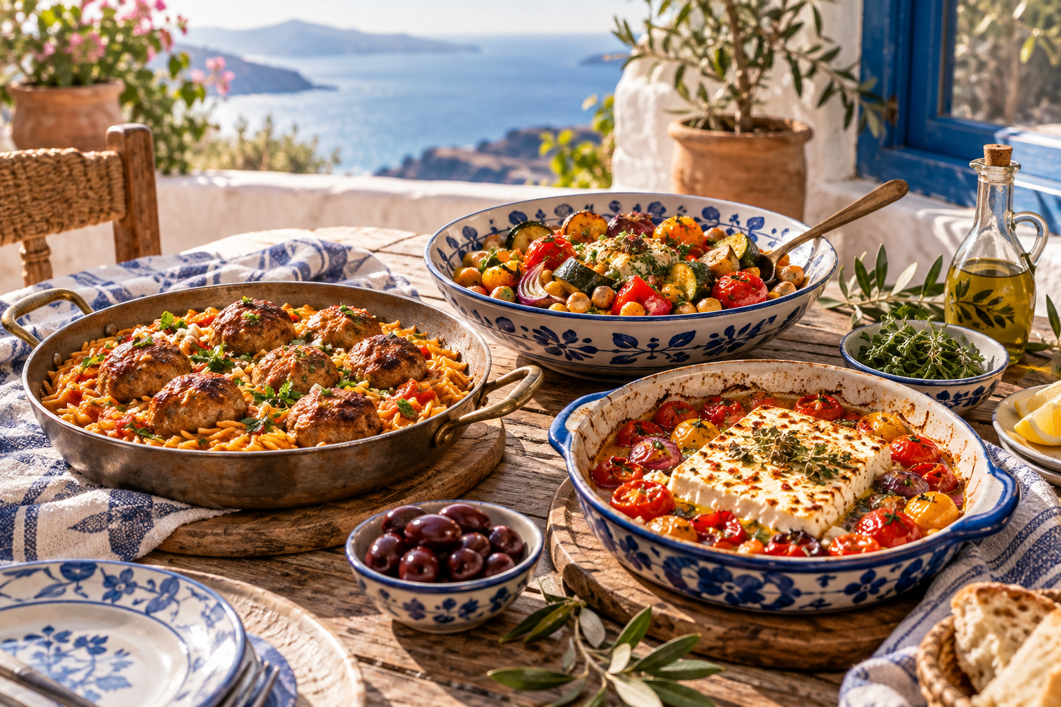 Orzo mit Hackbällchen, Ofengemüse mit Kichererbsen und gebackener Feta auf einem griechischen Küchentisch.