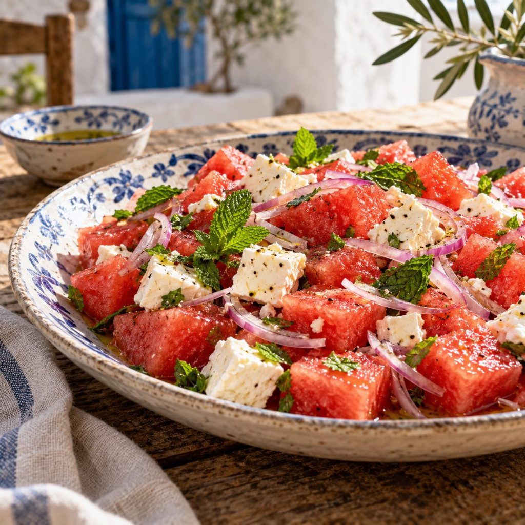 Wassermelonen-Feta-Salat in einer rustikalen griechischen Küche