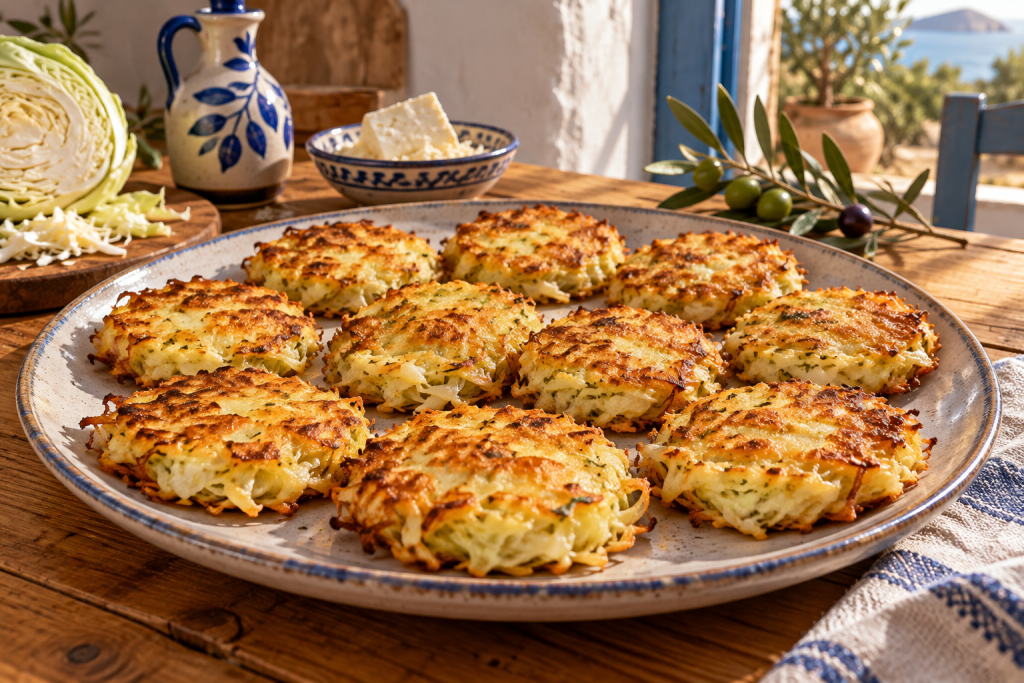 Knusprige Weißkohl-Puffer mit Käse in einer rustikalen griechischen Küchenatmosphäre