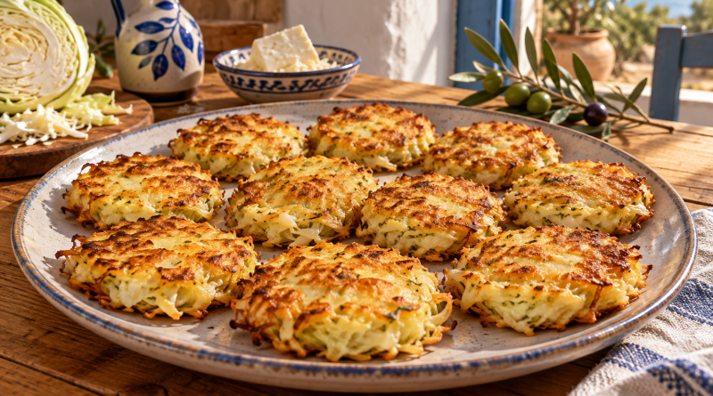 Knusprige Weißkohl-Puffer mit Käse in einer rustikalen griechischen Küchenatmosphäre