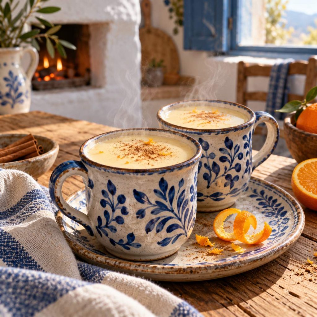 White Chocolate Orange Dream – heißer Winterdrink – zwei Portionen in einer rustikalen griechischen Küche
