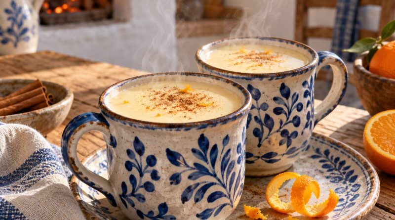 White Chocolate Orange Dream – heißer Winterdrink – zwei Portionen in einer rustikalen griechischen Küche