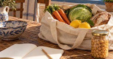 Einkaufstasche mit Gemüse und Brot neben einem leeren Notizbuch