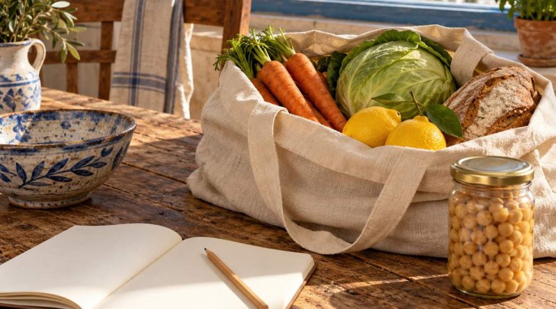 Einkaufstasche mit Gemüse und Brot neben einem leeren Notizbuch