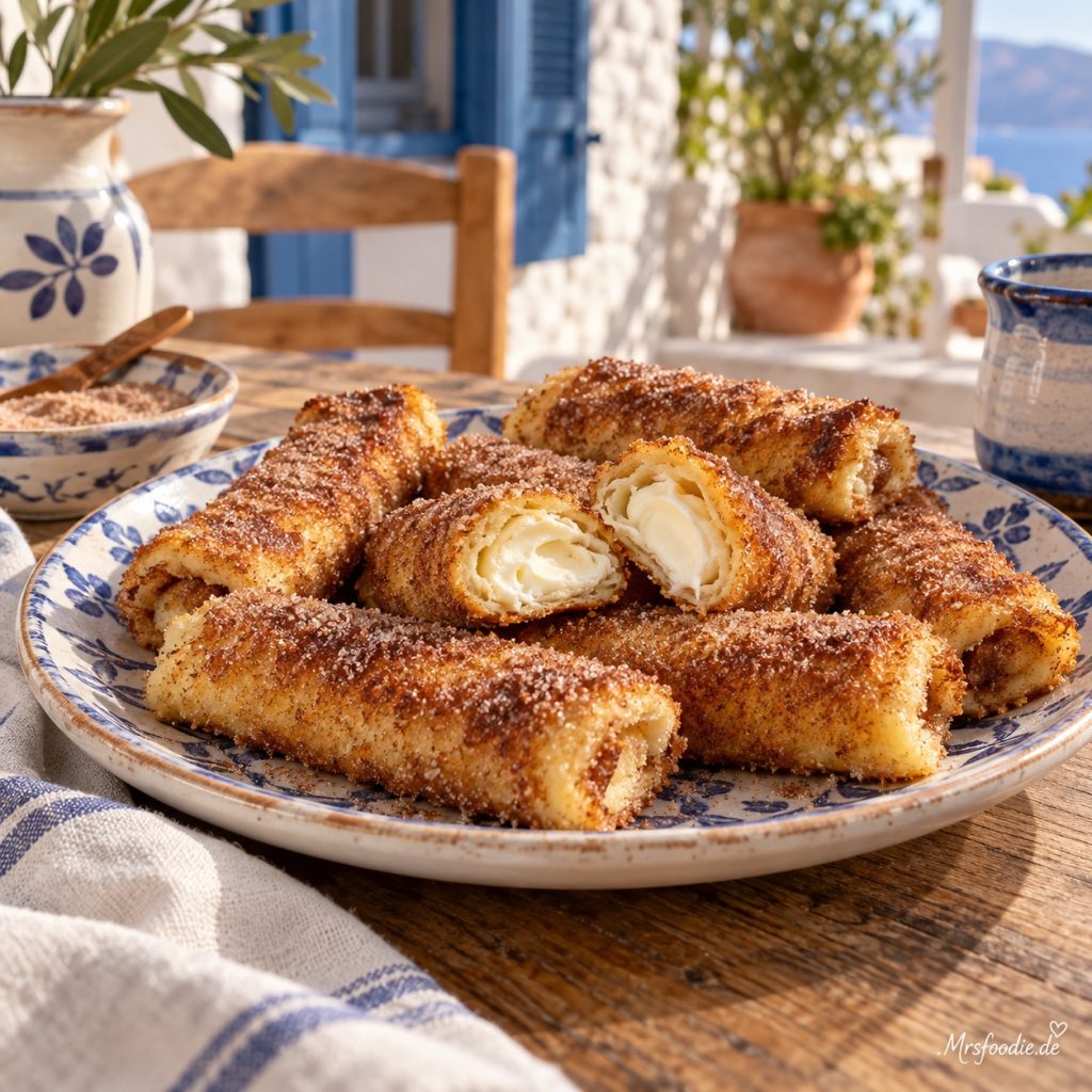 Zimt-Frischkäse-French-Toast-Röllchen in warmer griechischer Küchenatmosphäre