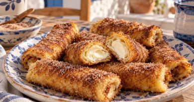Zimt-Frischkäse-French-Toast-Röllchen in warmer griechischer Küchenatmosphäre
