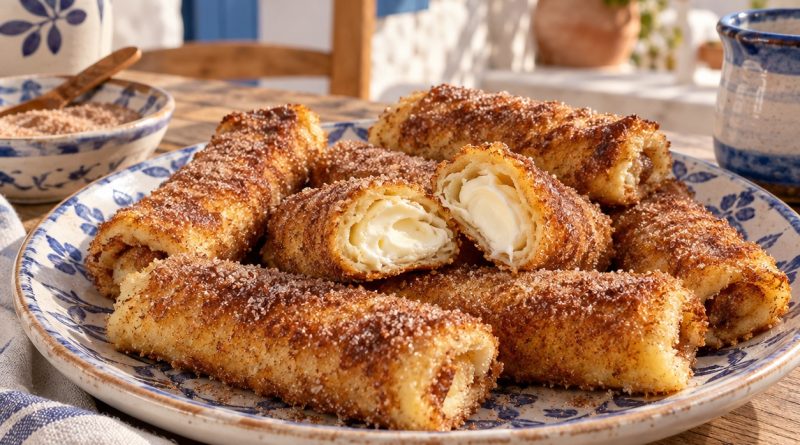 Zimt-Frischkäse-French-Toast-Röllchen in warmer griechischer Küchenatmosphäre