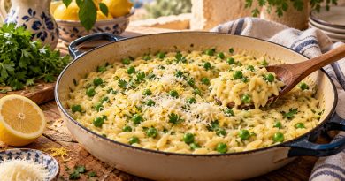 Zitronige Erbsen-Kritharaki aus einer Pfanne Zitronige Erbsen-Kritharaki mit Parmesan und Petersilie in einer cremigen Sauce aus einer Pfanne.
