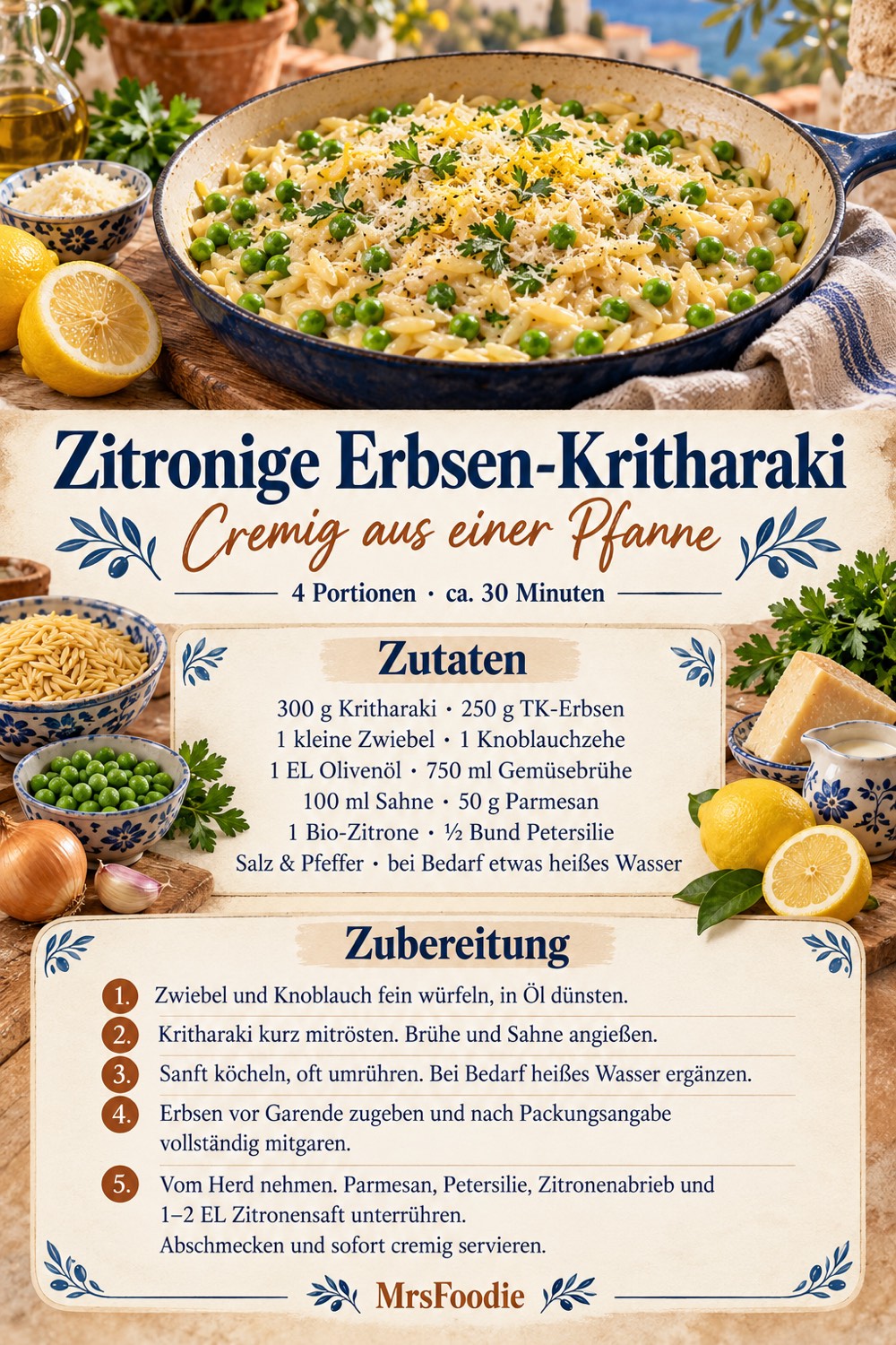 Pinterest-Rezeptkarte für zitronige Erbsen-Kritharaki mit Zutaten und Kurzanleitung für vier Portionen.
